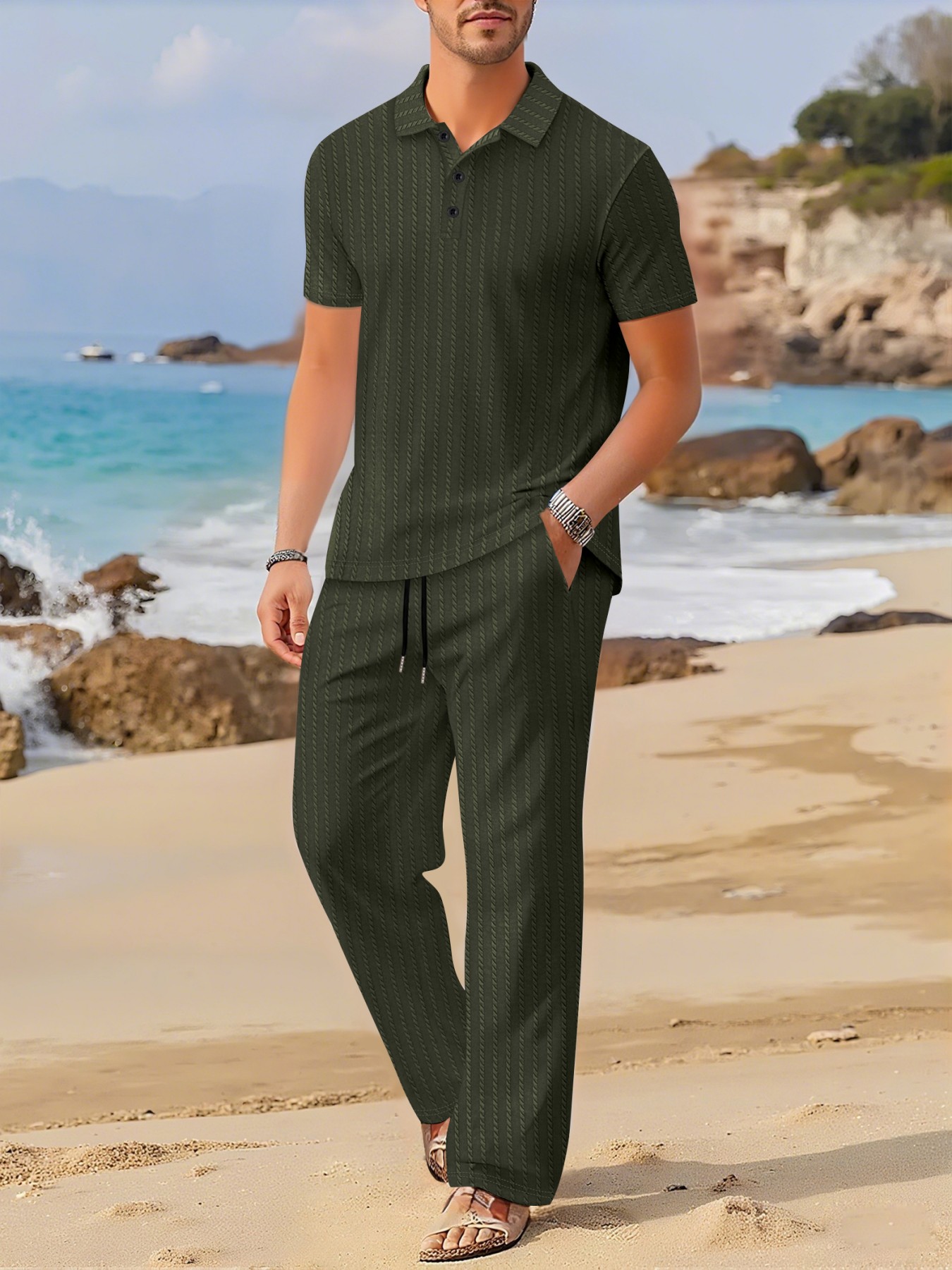 Summer Clothing Beach - Summer New Flip-Collar Short-Sleeve Long-Pants Set