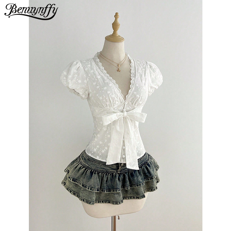 Tie Front Shirt - Benuynffy White V-Neck Puff Sleeve Bow