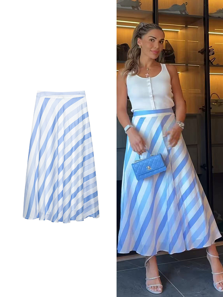 Summer Clothing Trends For Women 2026 - TFMLN Women Vintage Blue Striped Skirt