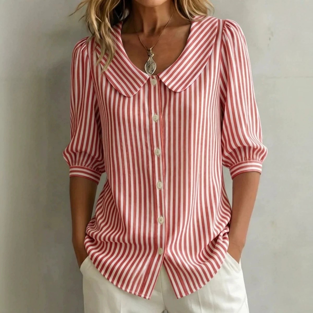Crop Blouse Linen - Women's Blouse Short Sleeve Striped Linen
