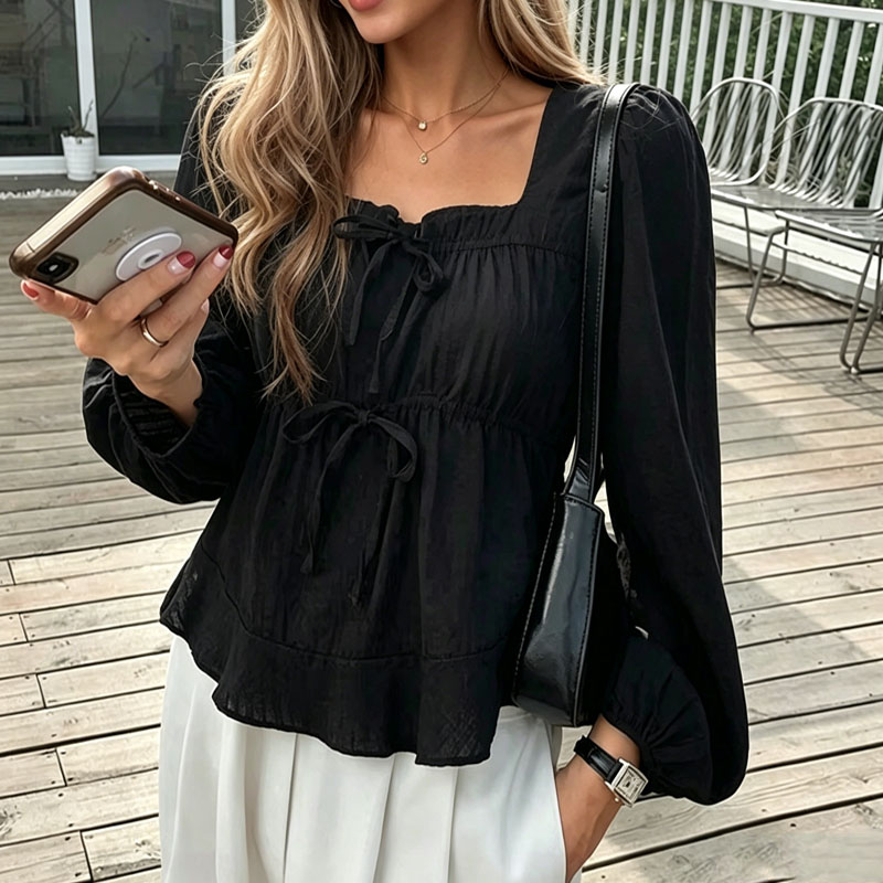 Elegant Bow Tie Lace Up Women  - огляд і ціна Tie Front Shirt
