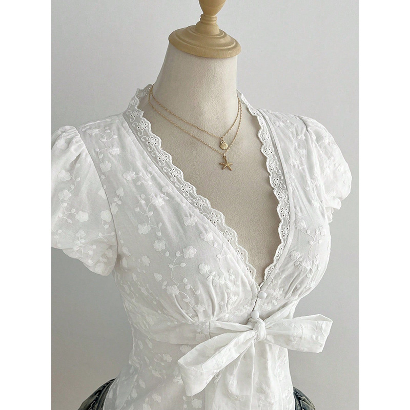 Benuynffy White V-Neck Puff Sl - огляд і ціна Tie Front Shirt