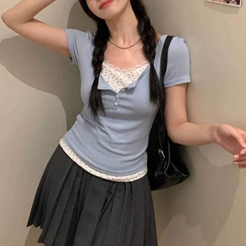 Women Sweet Lace Trim Ribbed K - огляд і ціна Crop Blouse Linen