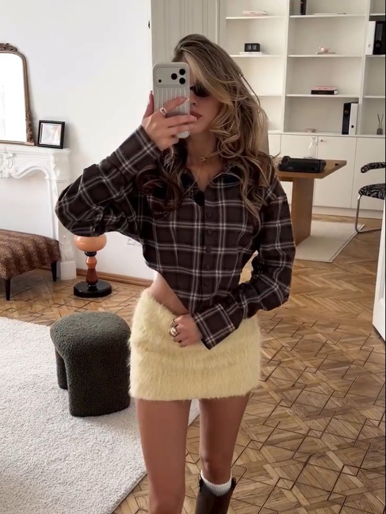 Women Chic Brown Plaid Check S - огляд і ціна Crop Blouse Linen