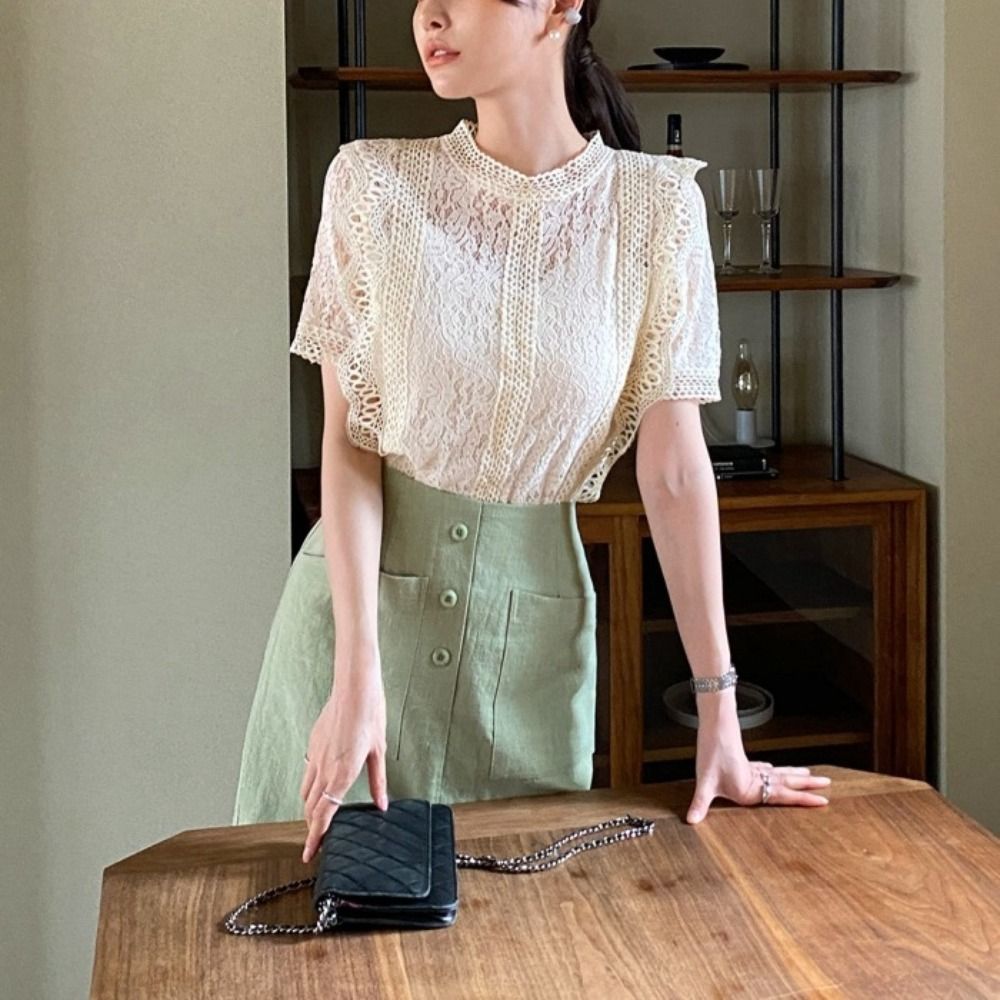 Elegant Sweet Short Sleeve Lac - огляд і ціна Crop Blouse Linen