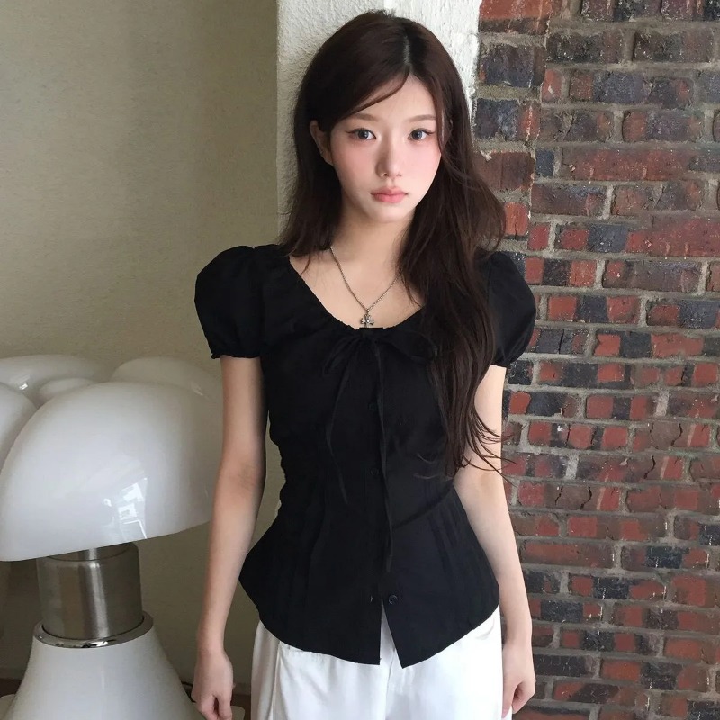 Women's Black Puff Sleeve Blou - огляд і ціна Tie Front Shirt