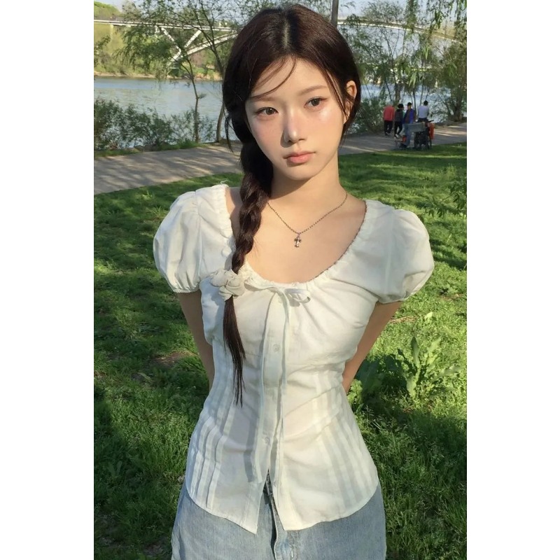 Women's Black Puff Sleeve Blou - огляд і ціна Tie Front Shirt