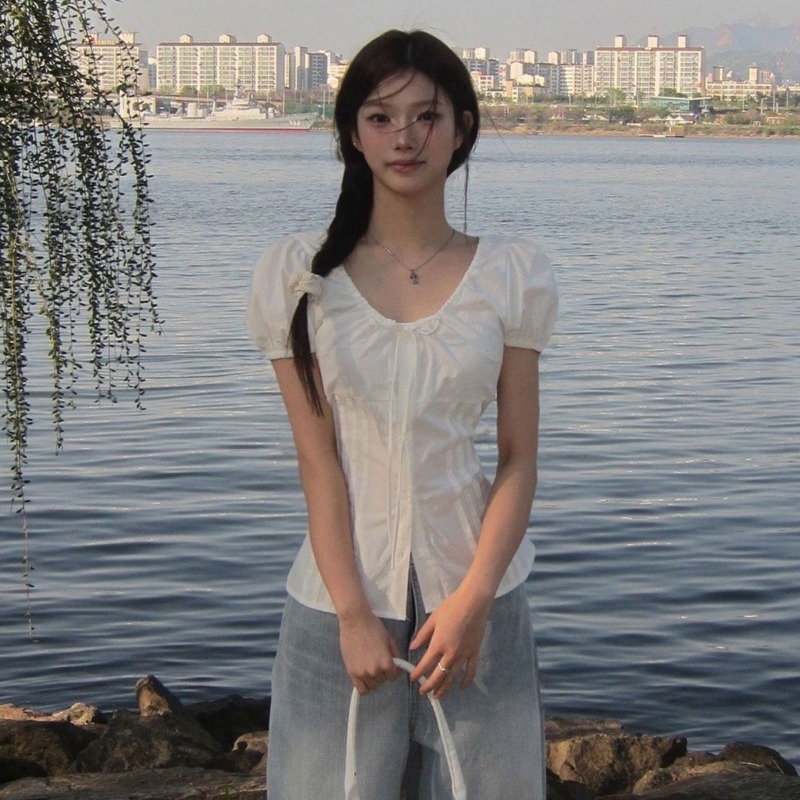 Women's Black Puff Sleeve Blou - огляд і ціна Tie Front Shirt